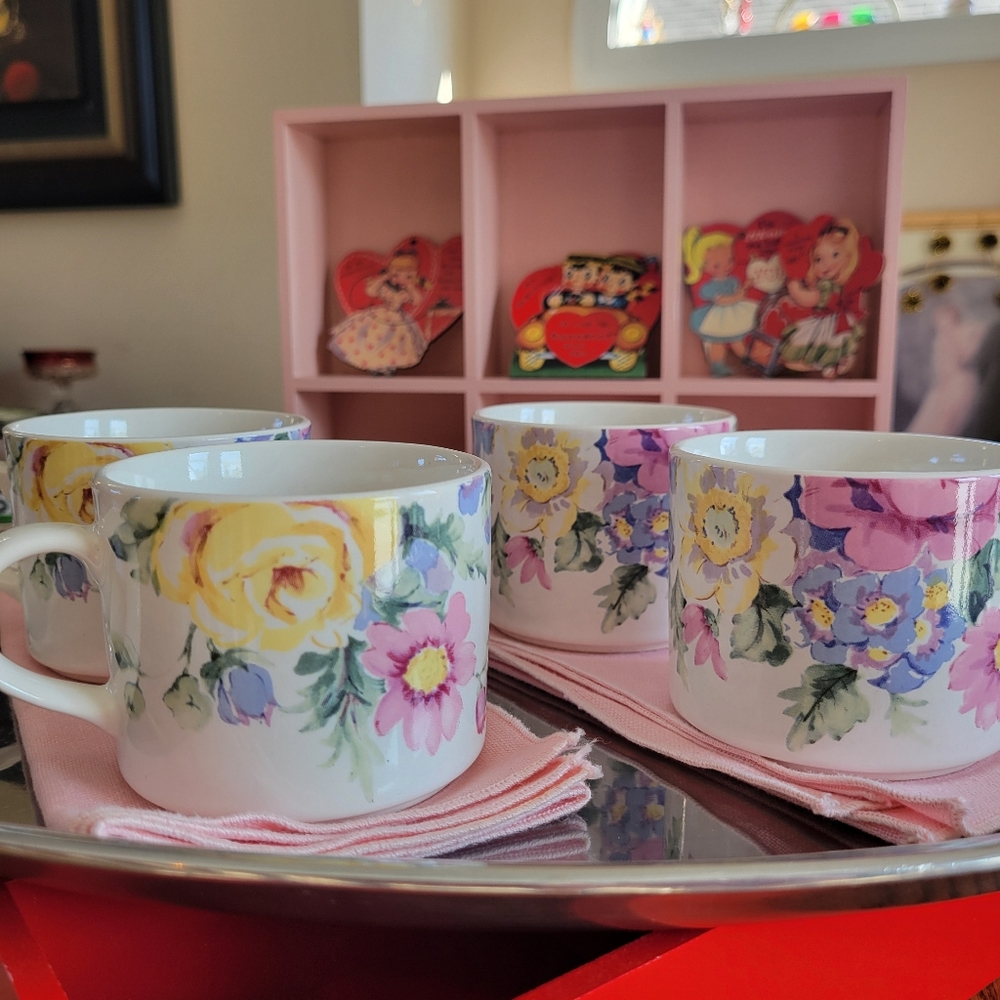 Horchow Floral Cups Mugs ~ "Patricia" Pattern ~ Japan ~ Shabby Chic ~ Stoneware